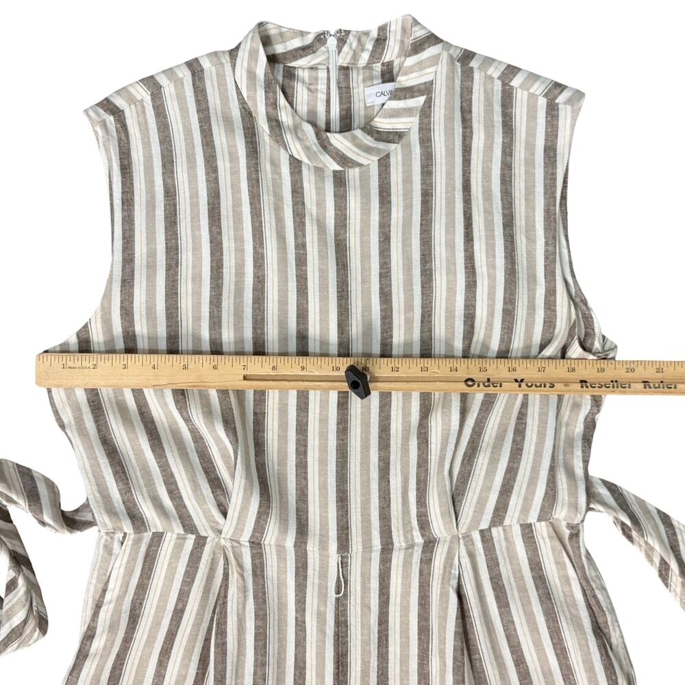 Calvin Klein White Beige Mock Neck Pinstripe Linen Blend Cropped Jumpsuit sz 12 - Picture 8 of 16